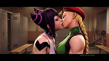 Juri Han x Cammy White Lesbian kissing (Street Fighter/AI generated)