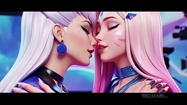 Ahri x Evelynn lesbian kissing (K/DA All out, League of legends/AI generated)