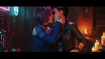 Misty Olszewski x Clara Lille lesbian kissing (Cyberpunk 2077, Watch Dogs /AI generated)