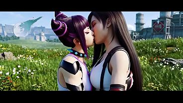 Tifa Lockhard x Juri Han lesbian kissing (Final Fantasy VII, Street Fighter/AI generated)
